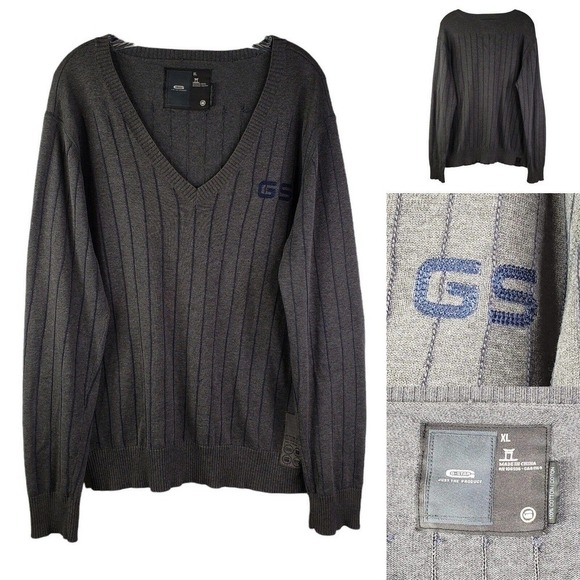 G-Star Men’s XL Gray Striped Knit V-Neck Long Sleeve Pullover Sweater - Picture 1 of 11